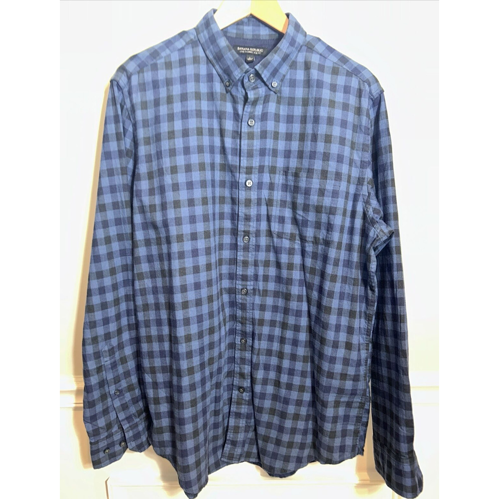 Banana Republic Luxe Flannel Slim Fit Button Down Navy Blue Plaid Mens Large